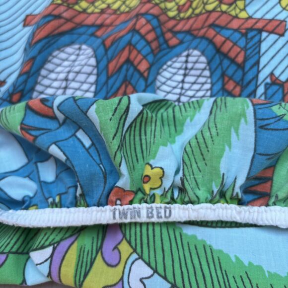 Vtg Sears Childrens Noah Ark 60s 70s Twin Bed Fitted & Flat Sheet Set Color READ - Picture 4 of 12